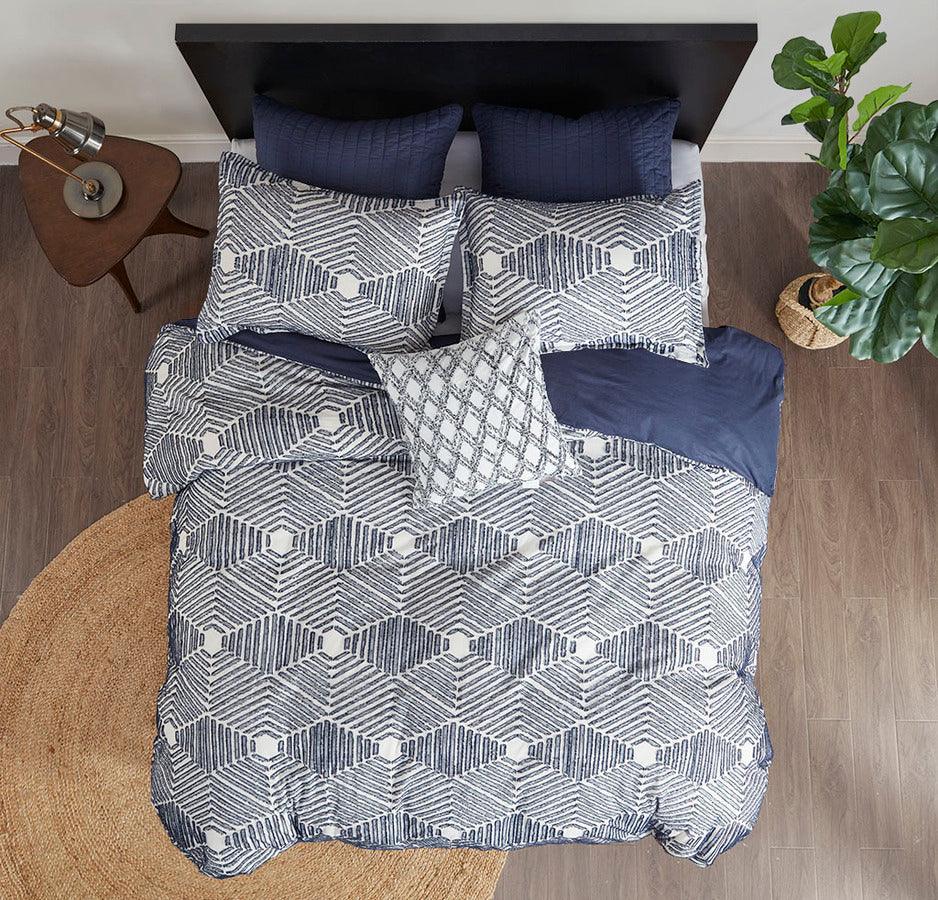 Ellipse Coastal Cotton Jacquard Comforter Set Navy Full/Queen Olliix.com