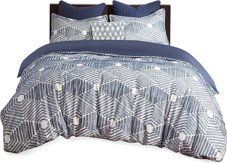 Ellipse Coastal Cotton Jacquard Comforter Set Navy Full/Queen Olliix.com