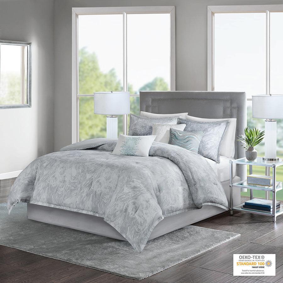 Emory 7 Piece Cotton Sateen Comforter Set Gray Queen Olliix.com