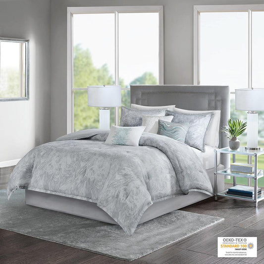 Emory 7 Piece Cotton Sateen Comforter Set Gray Queen Olliix.com