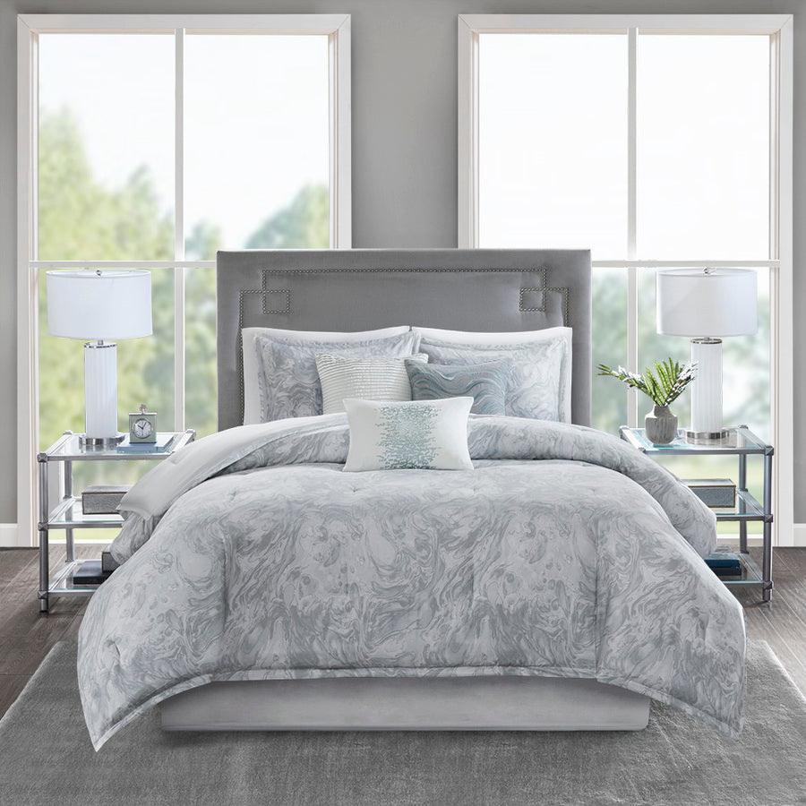 Emory 7 Piece Cotton Sateen Comforter Set Gray Queen Olliix.com