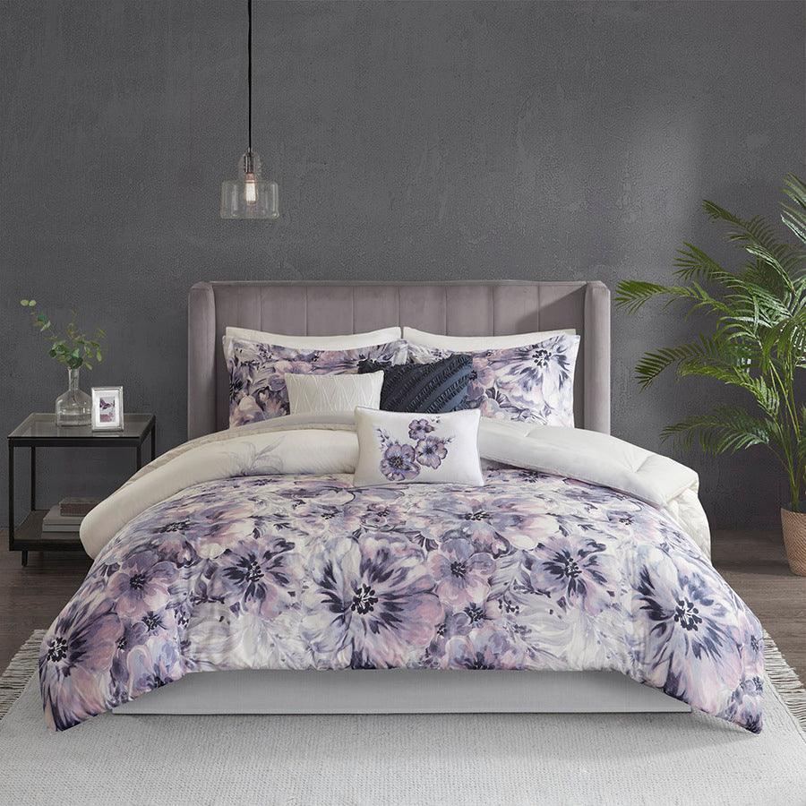 Enza 7 Piece Cotton Printed Comforter Set Purple Queen Olliix.com