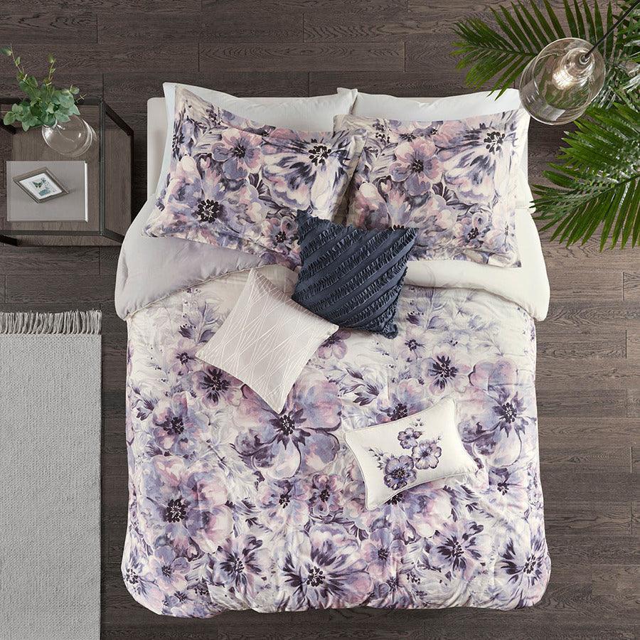 Enza 7 Piece Cotton Printed Comforter Set Purple Queen Olliix.com