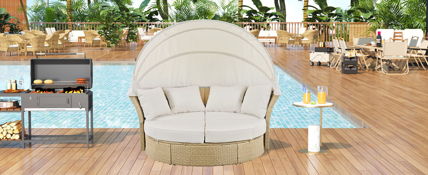 Outdoor Patio Daybed Wicker Rattan Double Daybed Round Sofa Furniture Set with Retractable Canopy, 4 Pillows for Lawn Garden Backyard Porch Pool, Beige House to Home Furnishings LLC