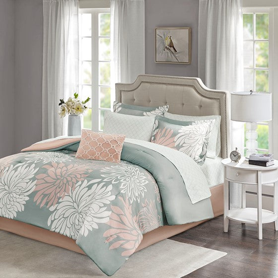 7 Piece Comforter Set with Cotton Bed Sheets Blush/Grey Twin Olliix.com