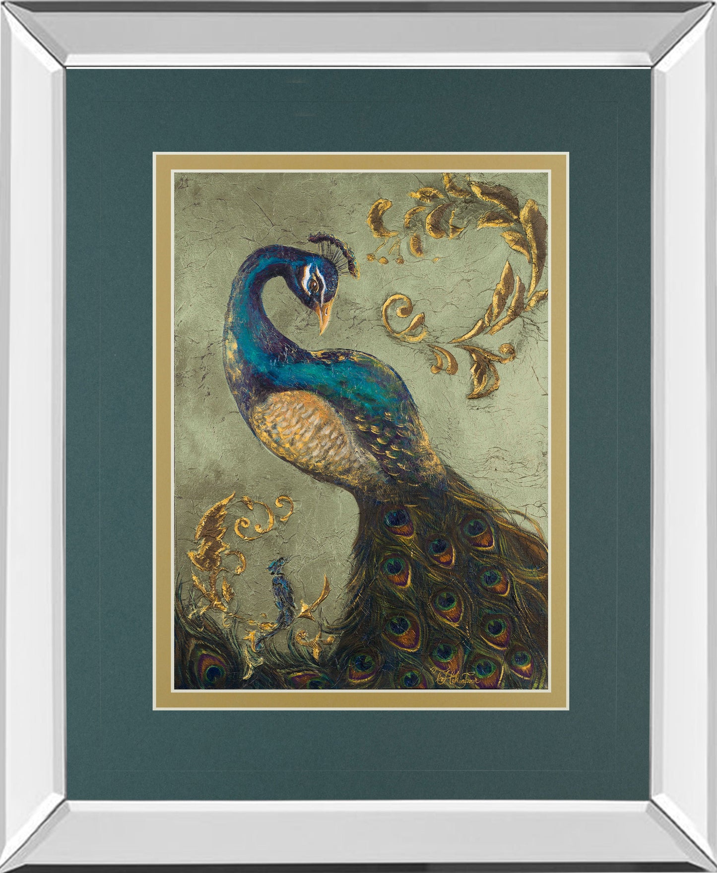 34x40 Peacock On Sage Il By Tiffany Hakimipour - Mirror Framed Print Wall Art - Blue Classy Art