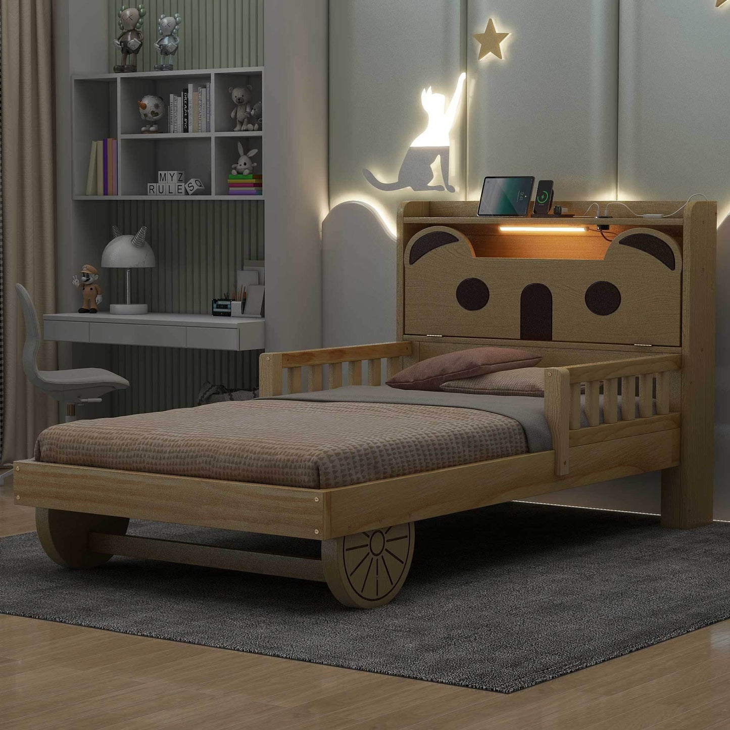 Twin Size Car Bed with Bear-Shaped Headboard, USB and LED, Natural House to Home Furnishings LLC