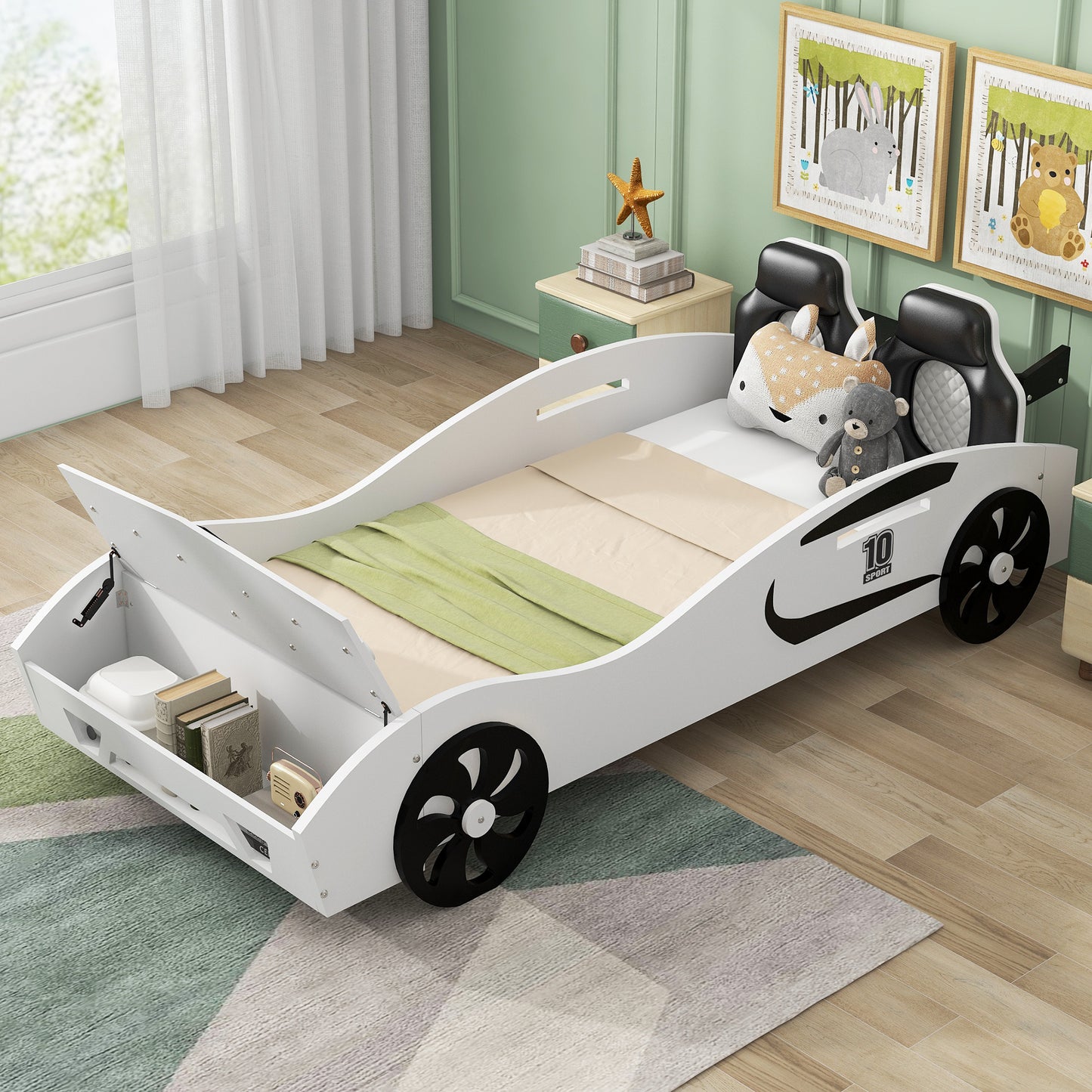 Twin Size Race Car-Shaped Platform Bed with Upholstered Backrest and Storage, White House to Home Furnishings LLC