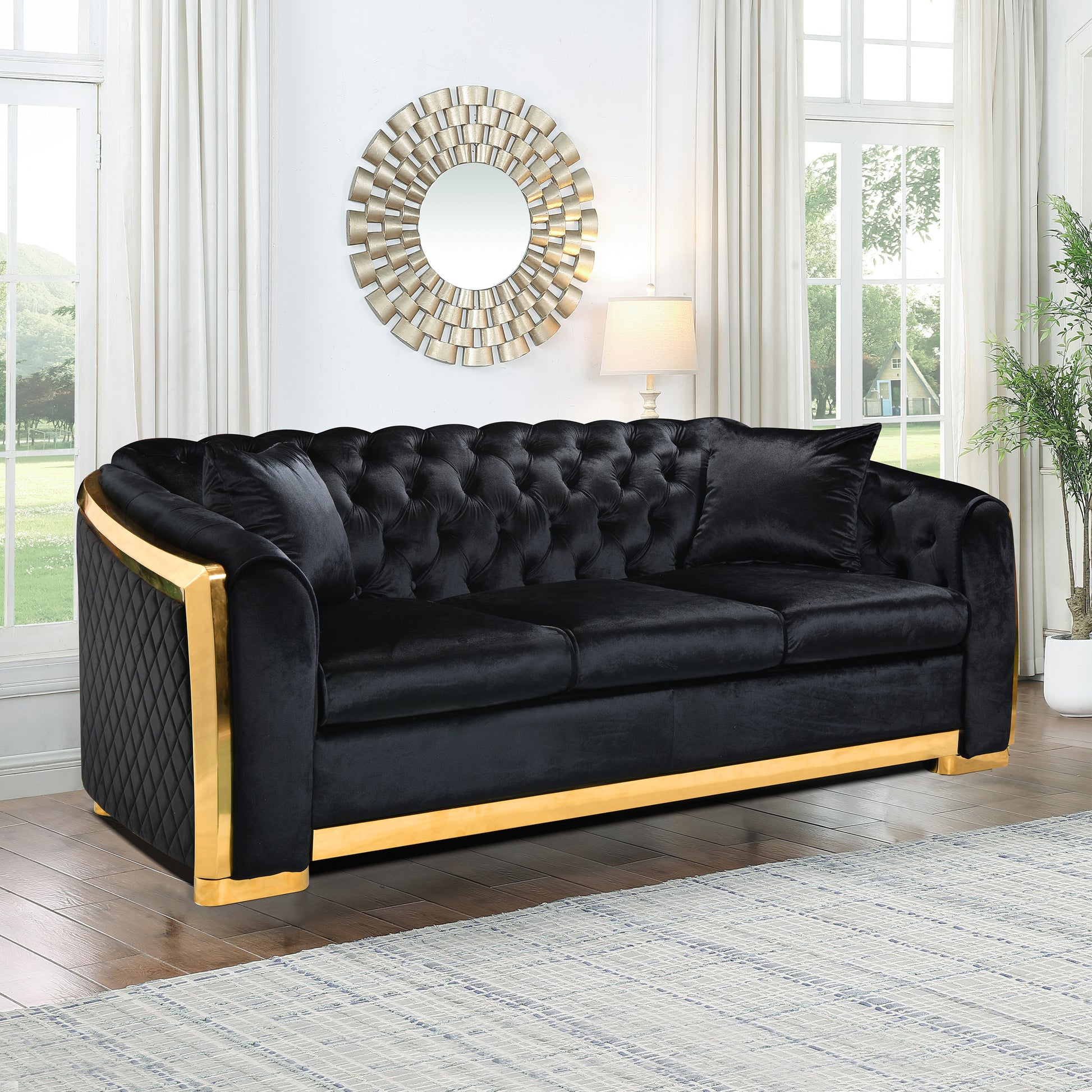 Velvet Luxury Chesterfield Sofa Set, 84 Inches Tufted 3 Seat Couch with Gold Stainless for Living Room, Black Fabric House to Home Furnishings LLC