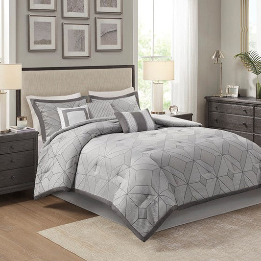 7 Piece Jacquard Comforter Set Gray Queen Olliix.com