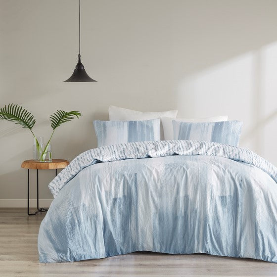 3 Piece Oversized Reversible Seersucker Duvet Cover Mini Set Blue Full/Queen Olliix.com