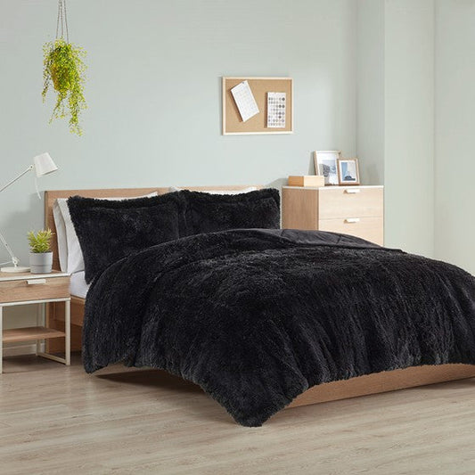 Shaggy Long Fur Comforter Mini Set Black Full/Queen Olliix.com