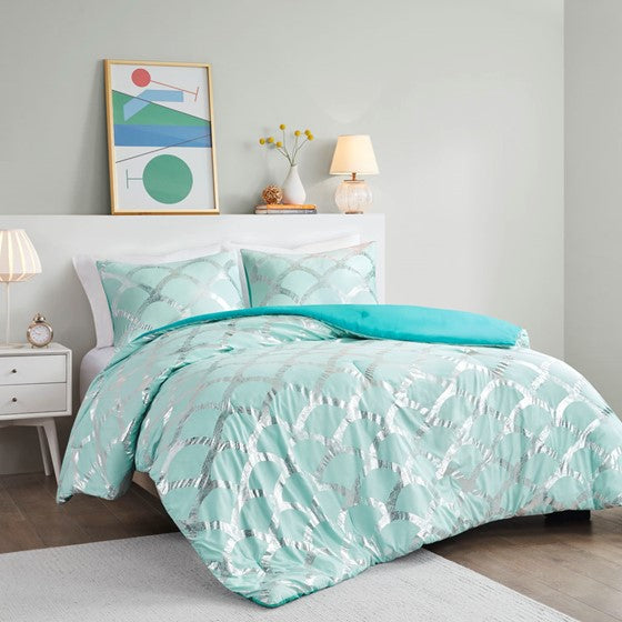 Metallic Printed Comforter and Sham Set Aqua Twin XL Olliix.com