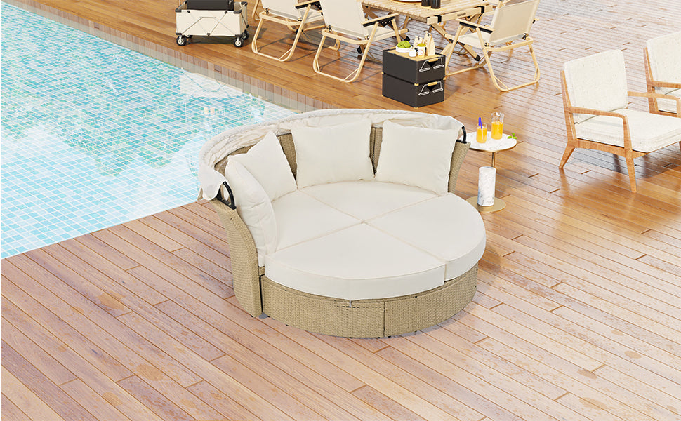 Outdoor Patio Daybed Wicker Rattan Double Daybed Round Sofa Furniture Set with Retractable Canopy, 4 Pillows for Lawn Garden Backyard Porch Pool, Beige House to Home Furnishings LLC