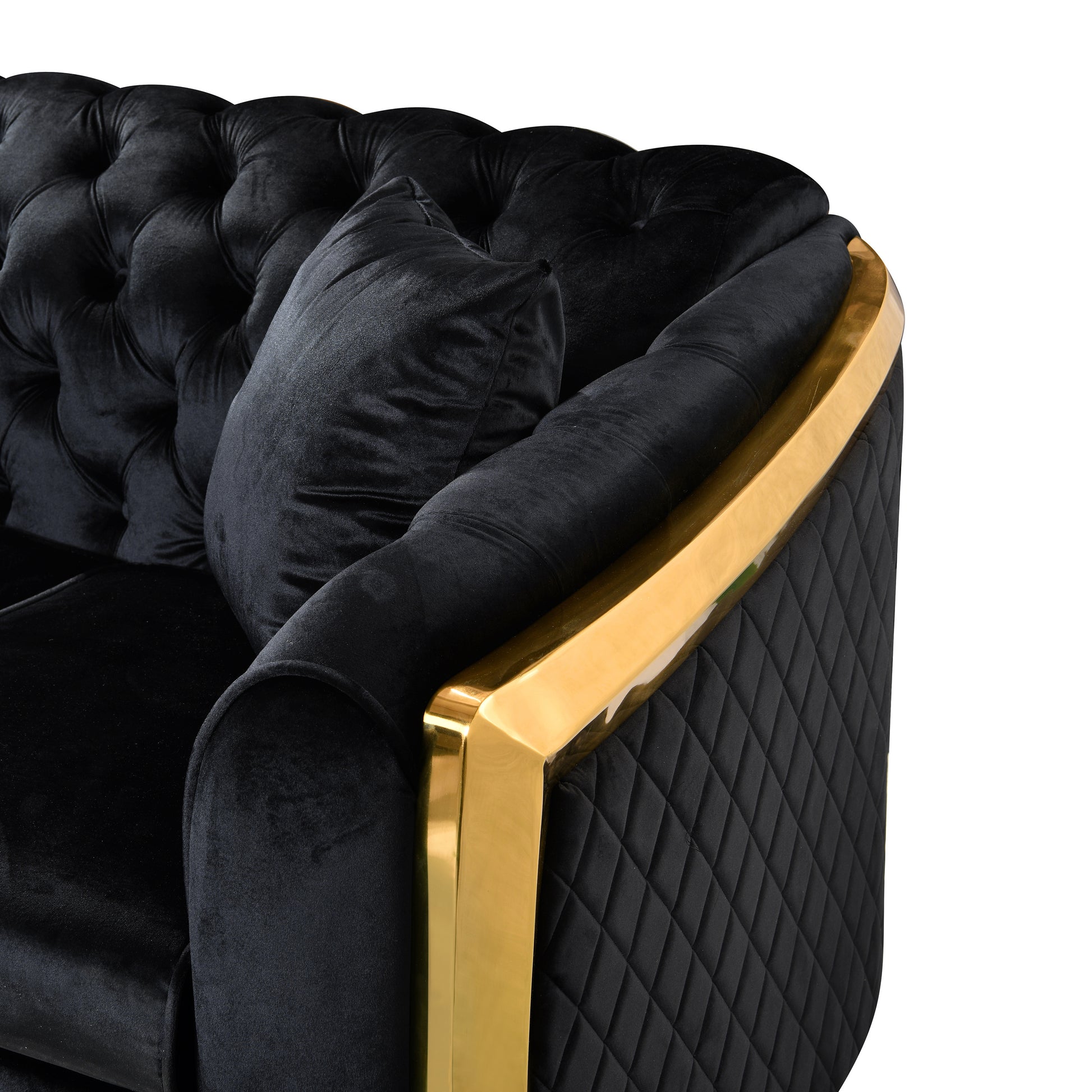 Velvet Luxury Chesterfield Sofa Set, 84 Inches Tufted 3 Seat Couch with Gold Stainless for Living Room, Black Fabric House to Home Furnishings LLC