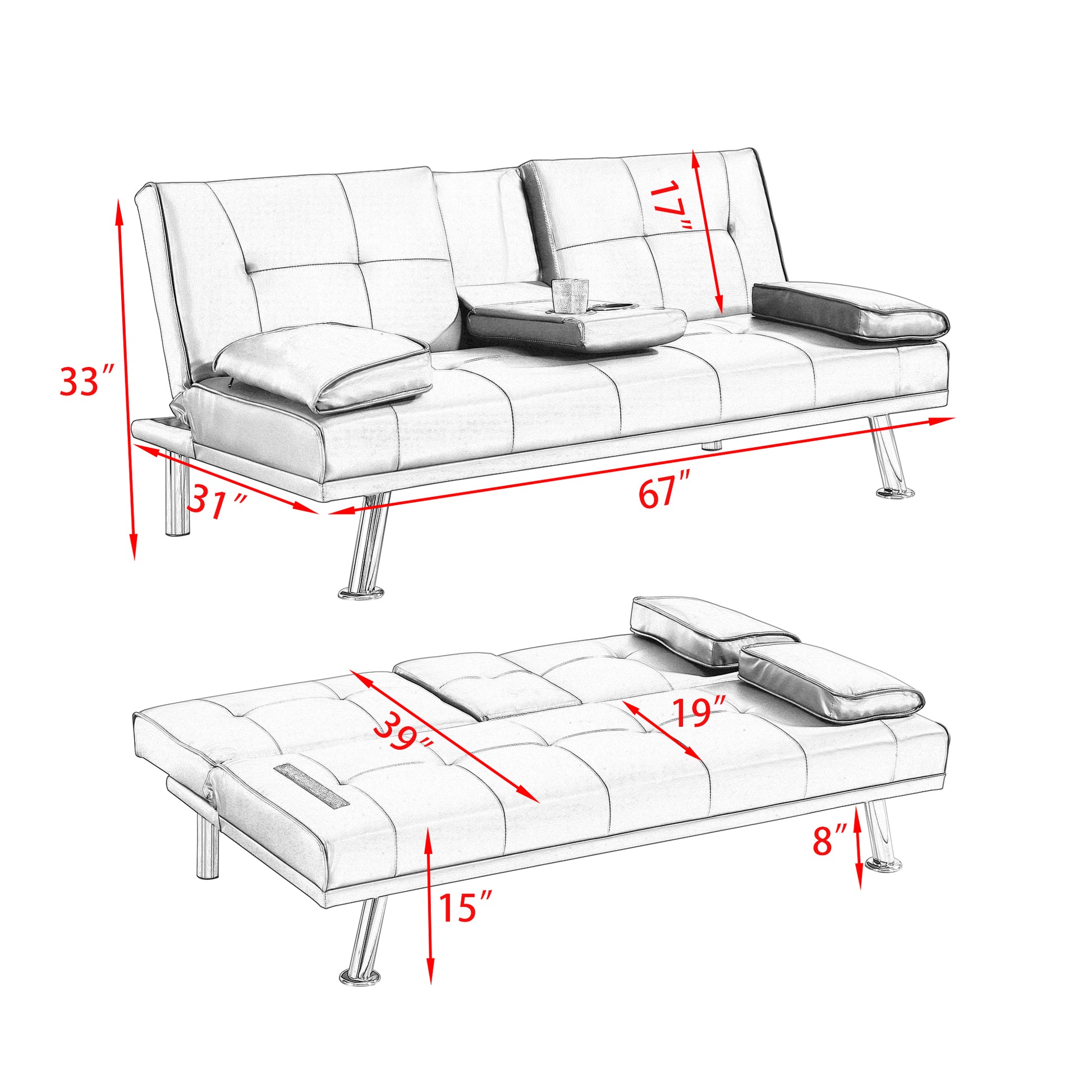 67" Orange Leather Multifunctional Double Folding Sofa Bed for Office with Coffee Table House to Home Furnishings LLC