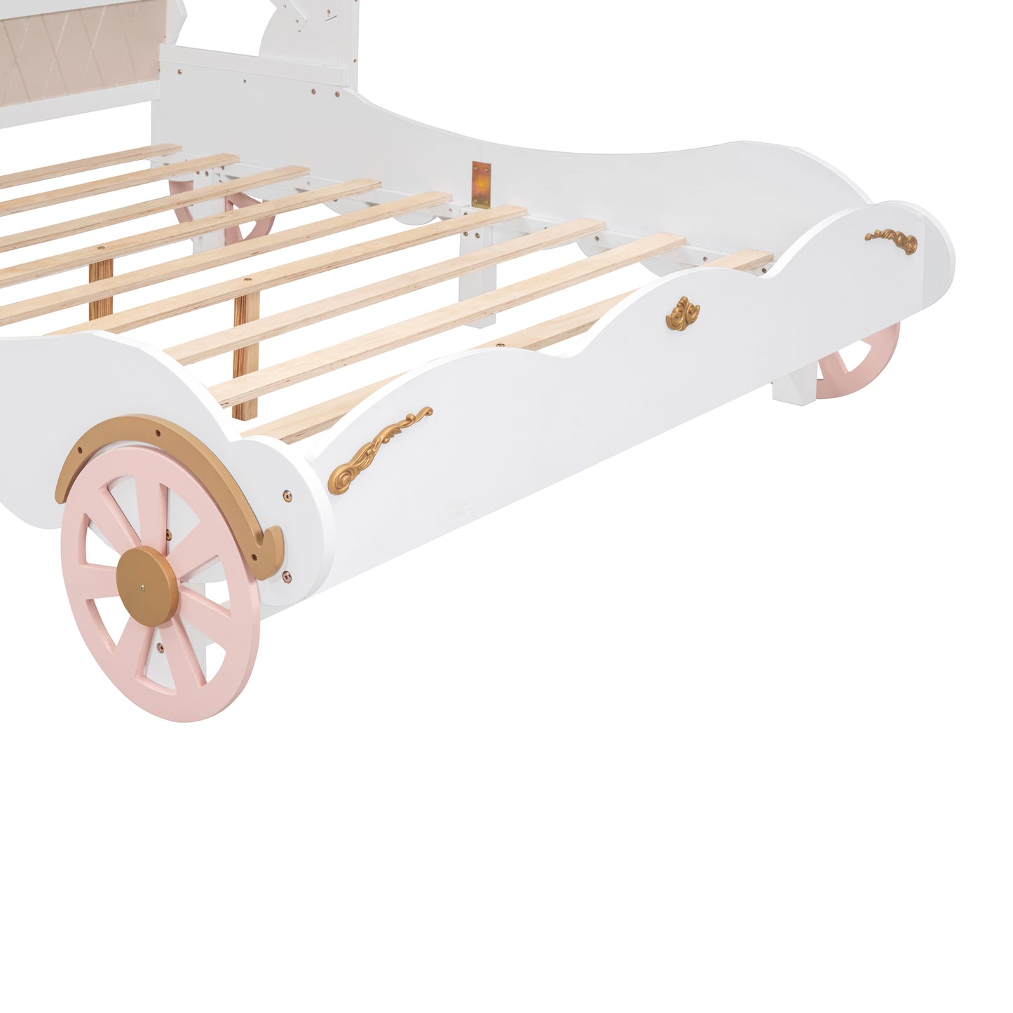 Full Size Princess Carriage Bed with Canopy, Wood Platform Car Bed with 3D Carving Pattern, White+Pink+Gold House to Home Furnishings LLC