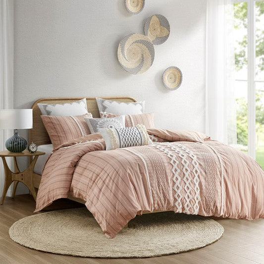 Cotton Printed Comforter Set with Chenille Blush Cal King Olliix.com