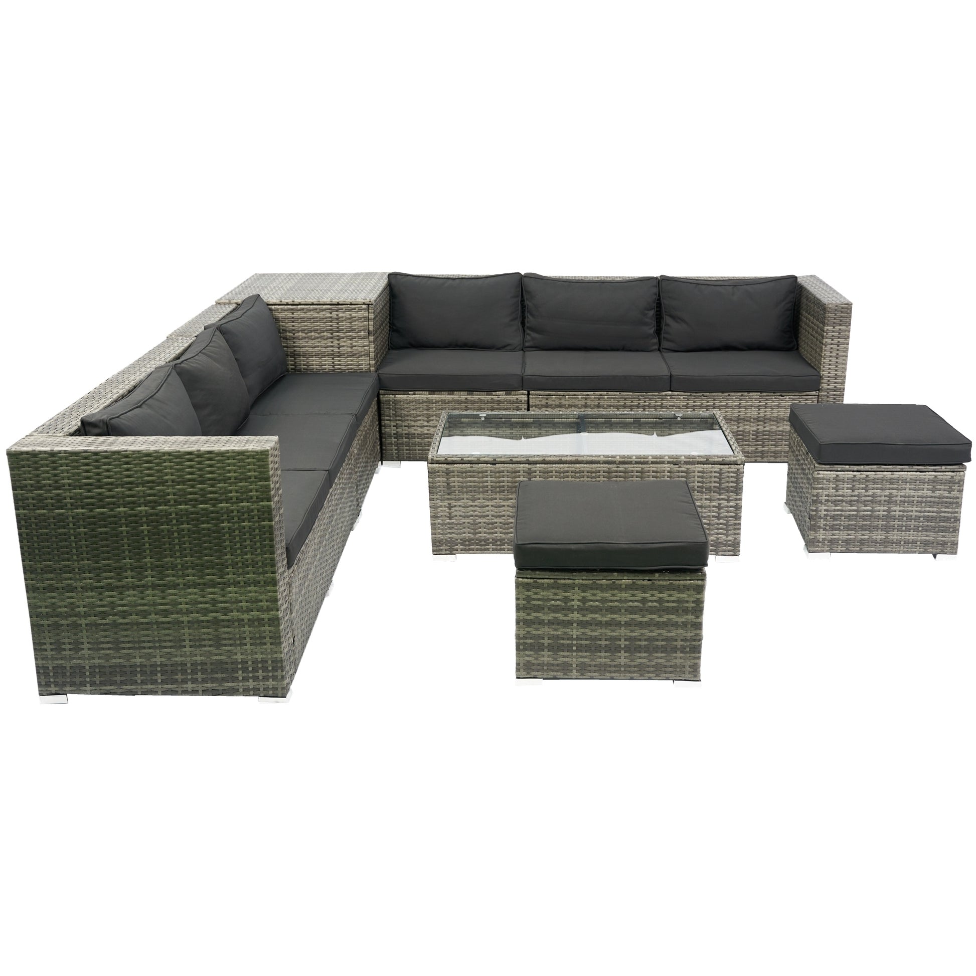 8 Piece Patio Outdoor Sectional Wicker Rattan Outdoor Furniture Sofa Set with One Storage Box Under Seat and Cushion Box Grey wicker + Black Cushion + Clear Glass Top House to Home Furnishings LLC