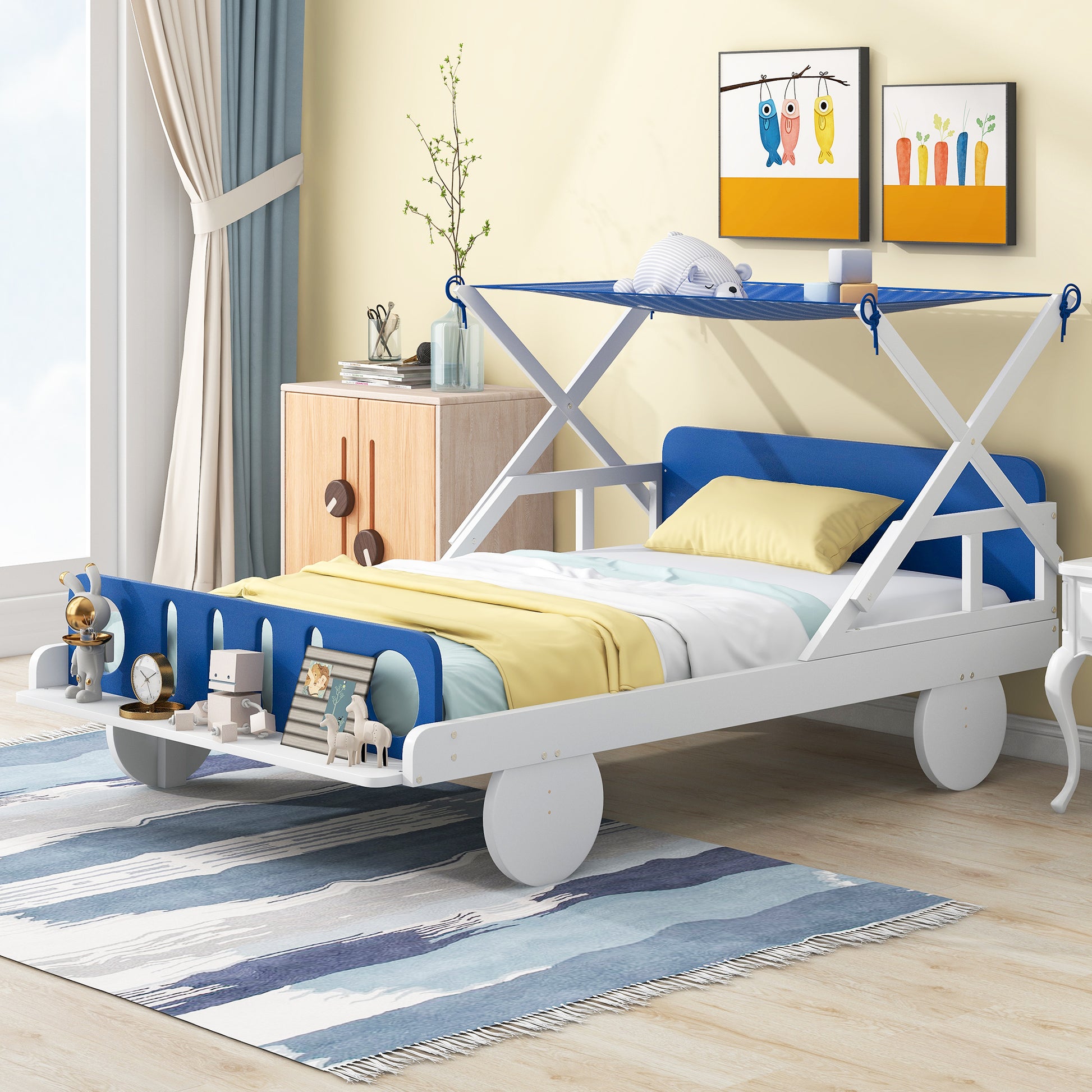 Wood Twin Size Car Bed with Ceiling Cloth, Headboard and Footboard, White+Blue House to Home Furnishings LLC