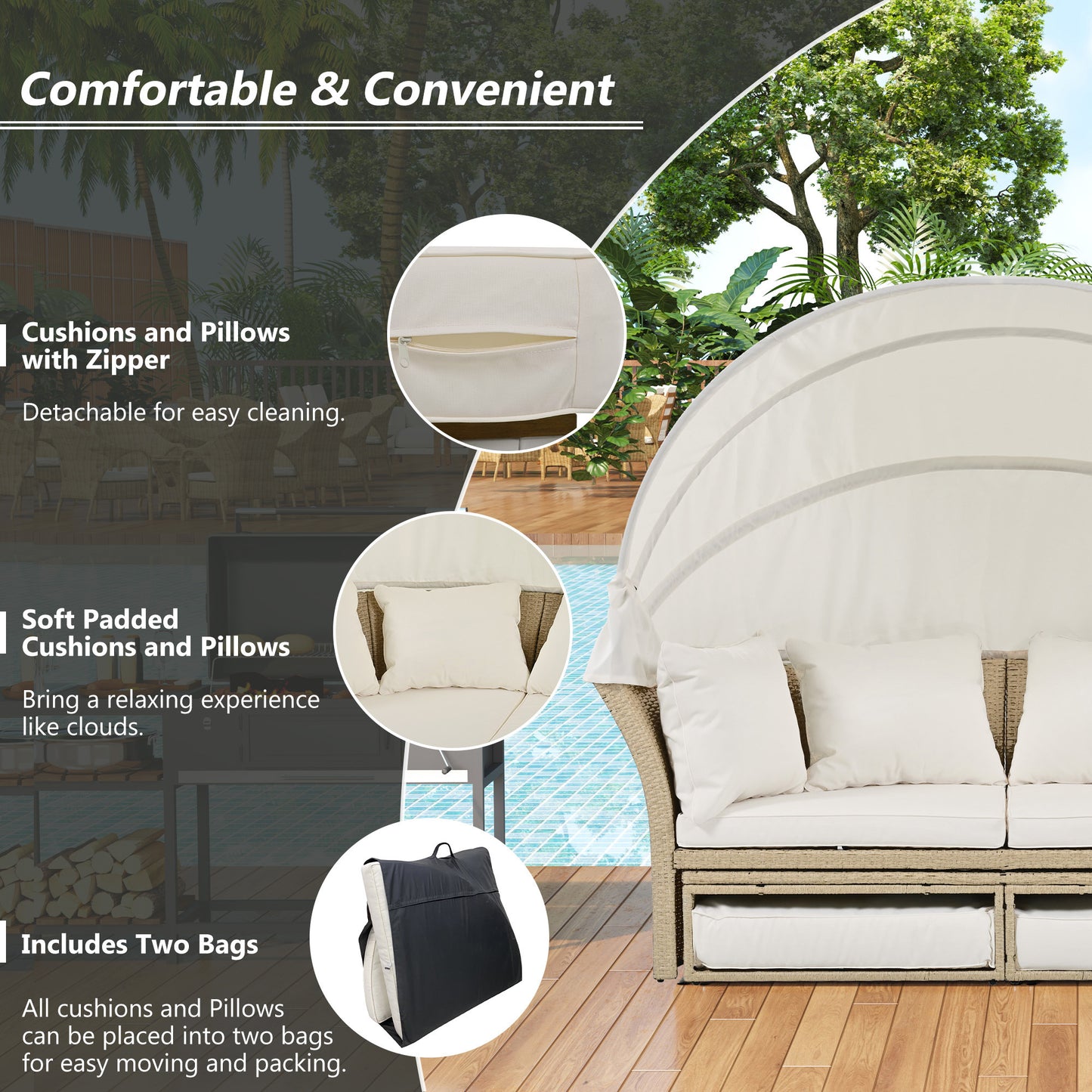 Outdoor Patio Daybed Wicker Rattan Double Daybed Round Sofa Furniture Set with Retractable Canopy, 4 Pillows for Lawn Garden Backyard Porch Pool, Beige House to Home Furnishings LLC