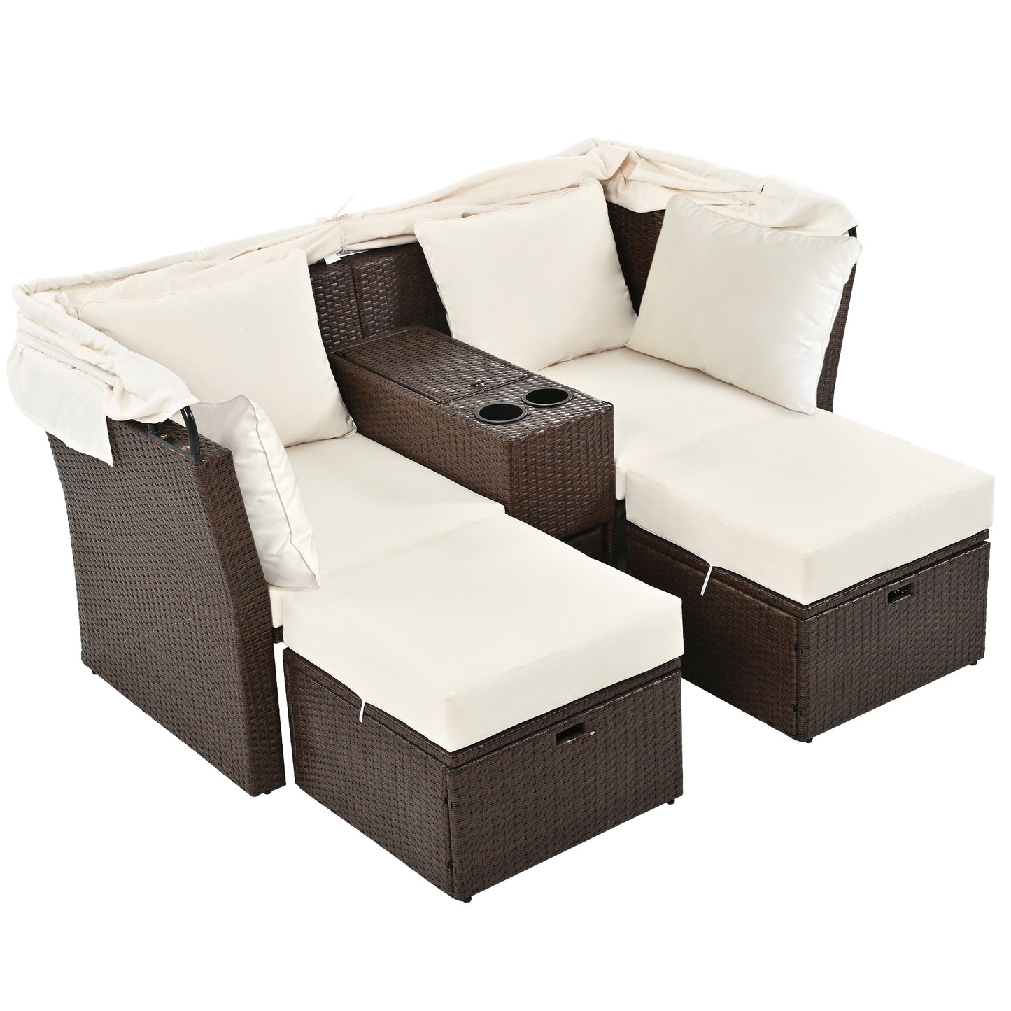 2-Seater Outdoor Patio Daybed Outdoor Double Daybed Outdoor Loveseat Sofa Set with Foldable Awning and Cushions for Garden, Balcony, Poolside, Beige ***(FREE SHIPPING)*** House to Home Furnishings LLC