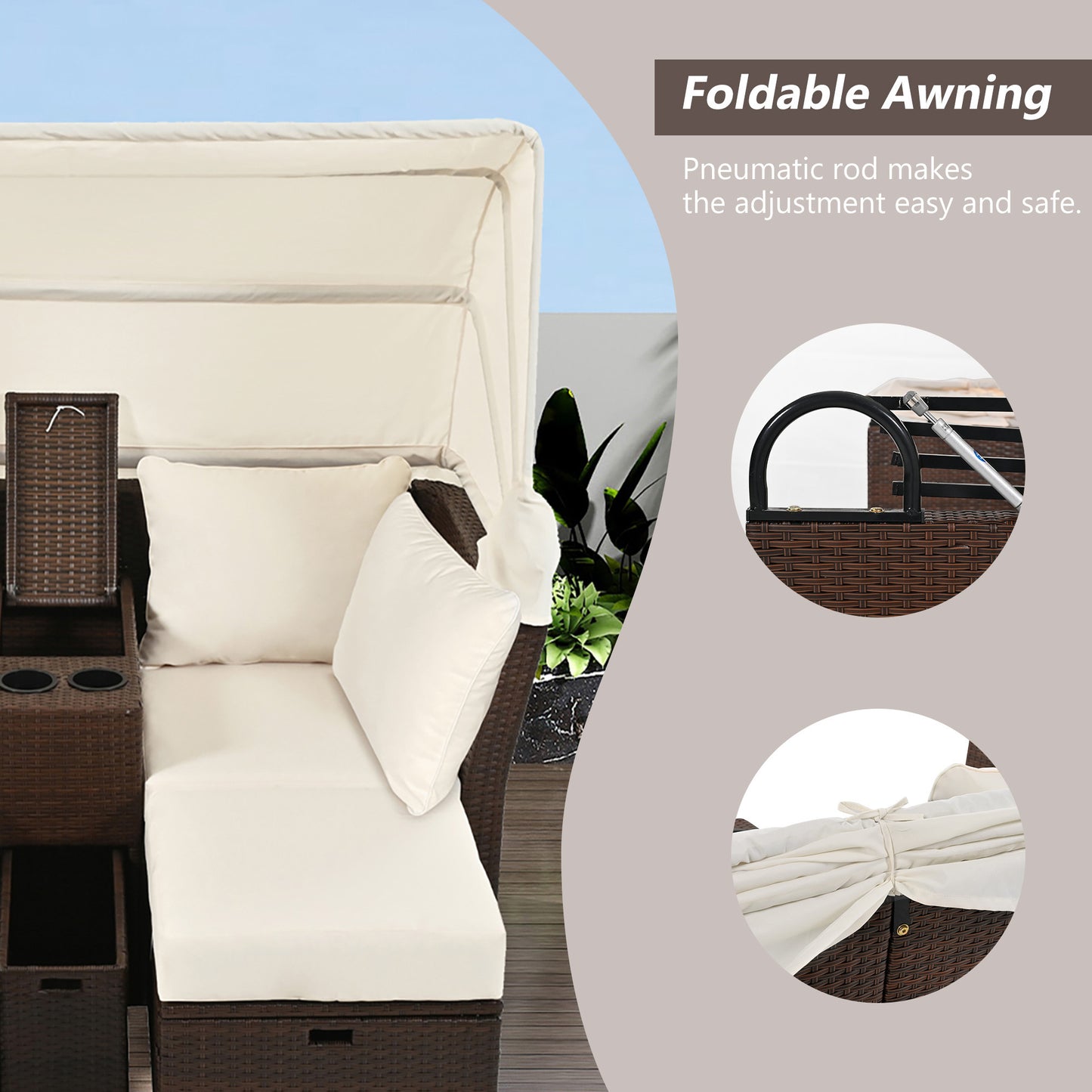 2-Seater Outdoor Patio Daybed Outdoor Double Daybed Outdoor Loveseat Sofa Set with Foldable Awning and Cushions for Garden, Balcony, Poolside, Beige ***(FREE SHIPPING)*** House to Home Furnishings LLC