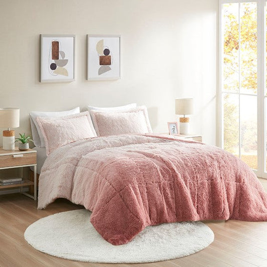 Ombre Shaggy Long Fur Comforter Mini Set Blush Twin XL Olliix.com