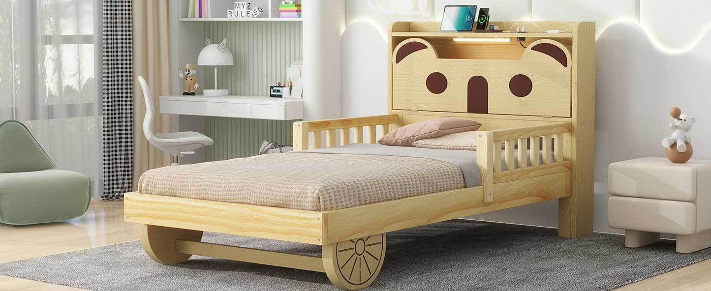 Twin Size Car Bed with Bear-Shaped Headboard, USB and LED, Natural House to Home Furnishings LLC