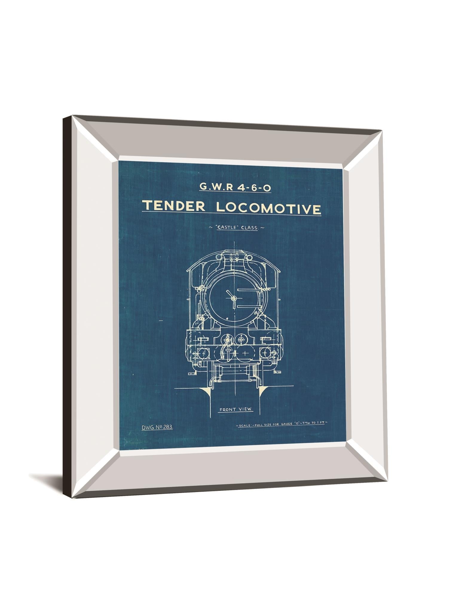 Locomotive Blueprint II By Wild Apple Portfolio - Mirror Framed Print Wall Art - Blue Classy Art