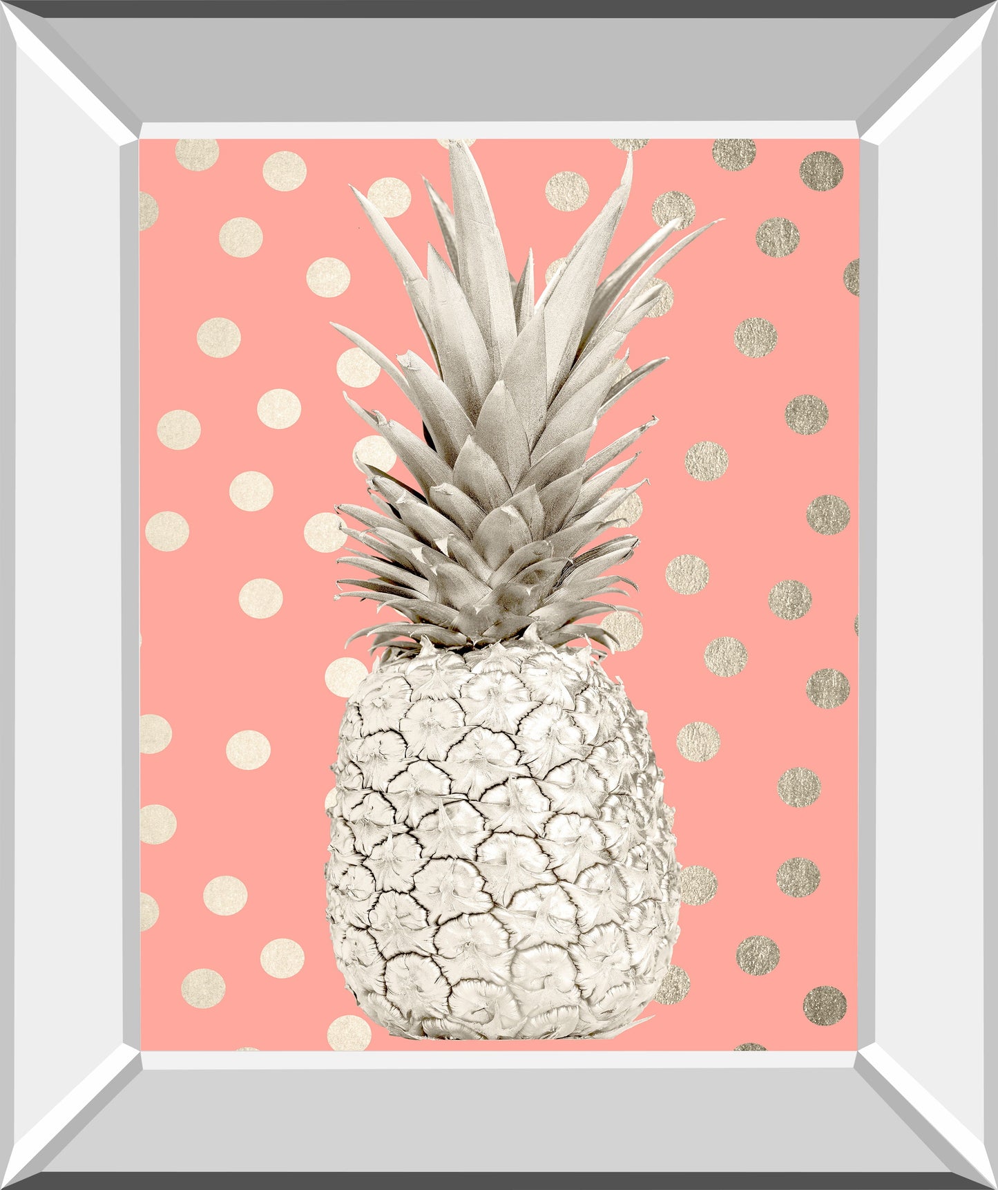 White Gold Pineapple On Polka Dots Pink By Nature Magick - Mirror Framed Print Wall Art - Pink Classy Art