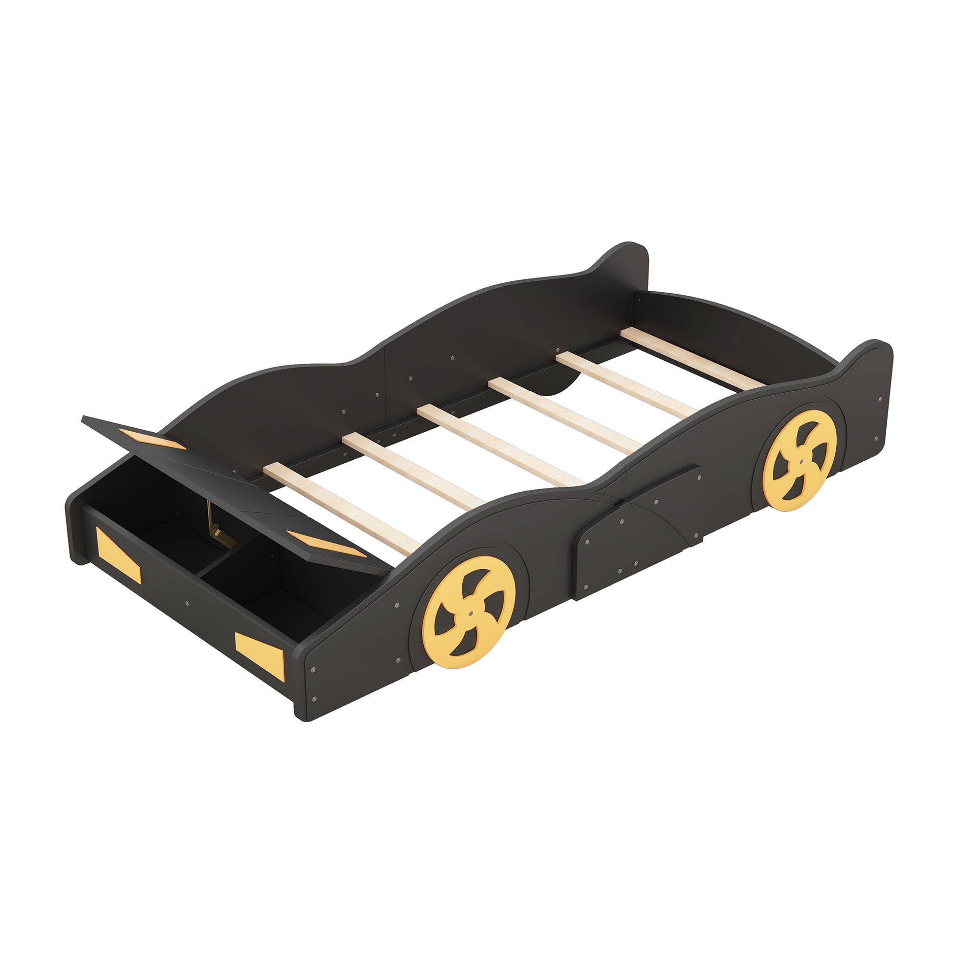 Twin Size Race Car-Shaped Platform Bed with Wheels and Storage, Black+Yellow House to Home Furnishings LLC