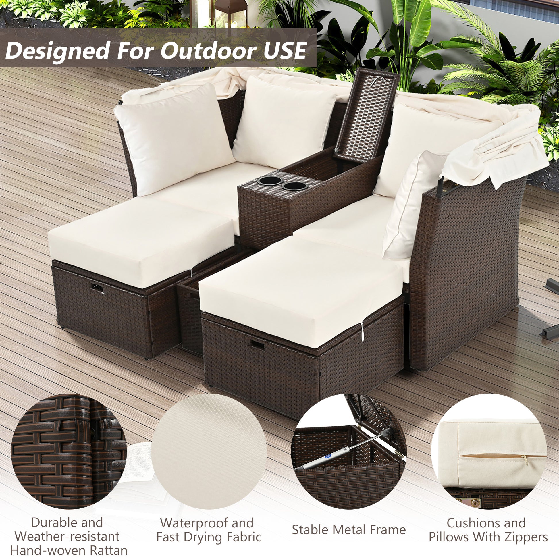 2-Seater Outdoor Patio Daybed Outdoor Double Daybed Outdoor Loveseat Sofa Set with Foldable Awning and Cushions for Garden, Balcony, Poolside, Beige ***(FREE SHIPPING)*** House to Home Furnishings LLC