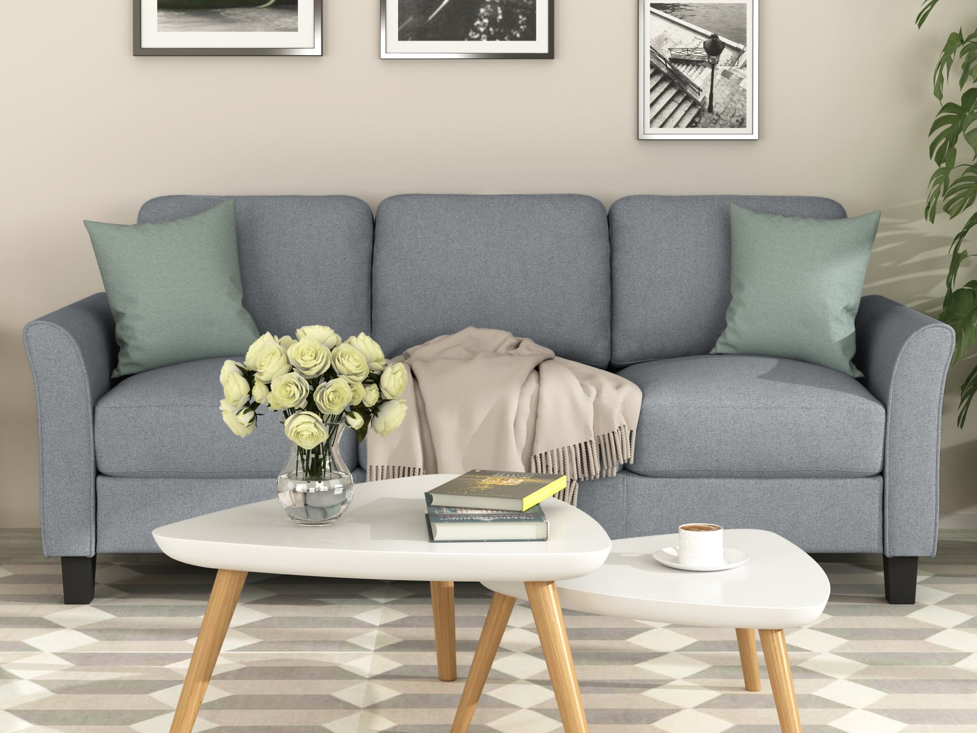 3-Seat Sofa Living Room Linen Fabric Sofa (Gray) House to Home Furnishings LLC