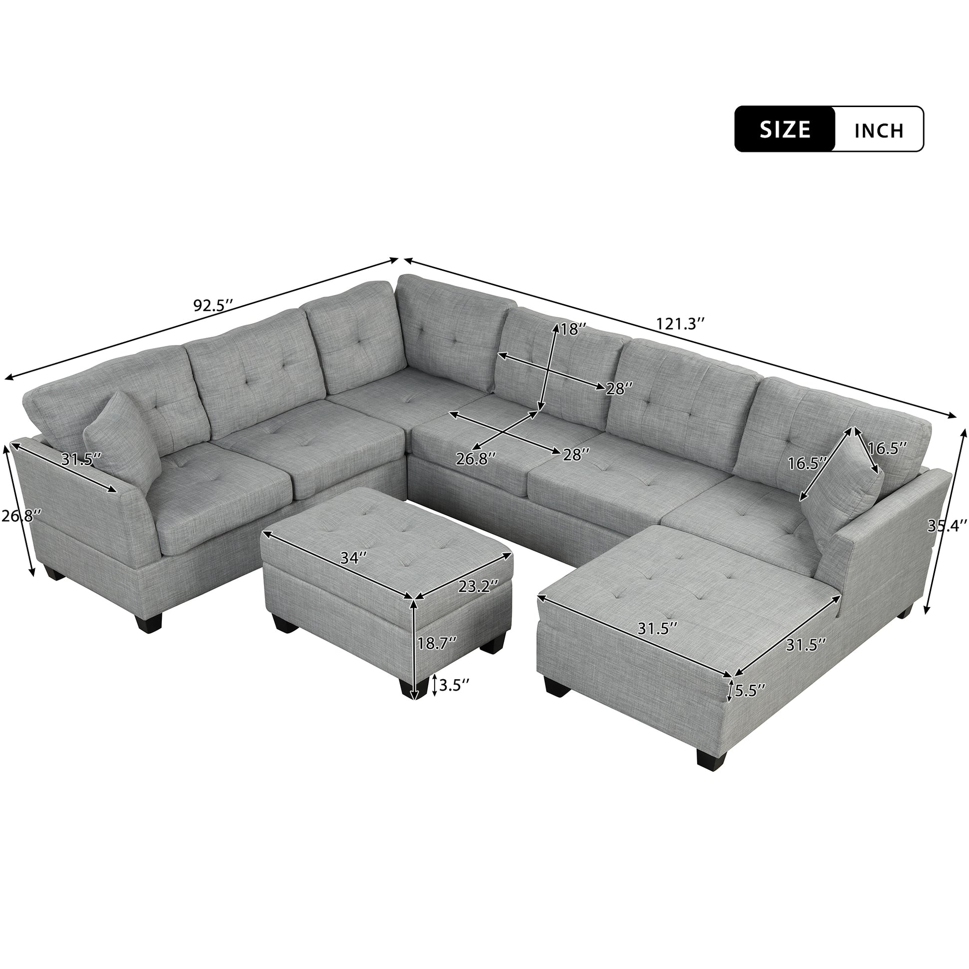 121.3" Oversized Sectional Sofa with Storage Ottoman, U Shaped Sectional Couch with 2 Throw Pillows for Large Space Dorm Apartment House to Home Furnishings LLC