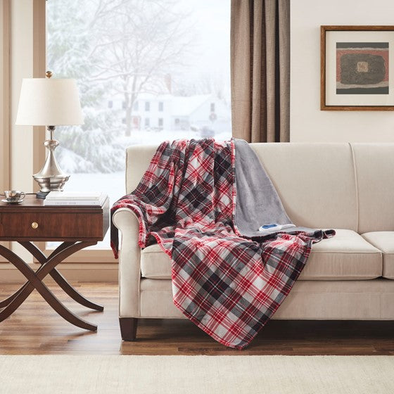 Oversized Plaid Plush Heated Throw Red Olliix.com