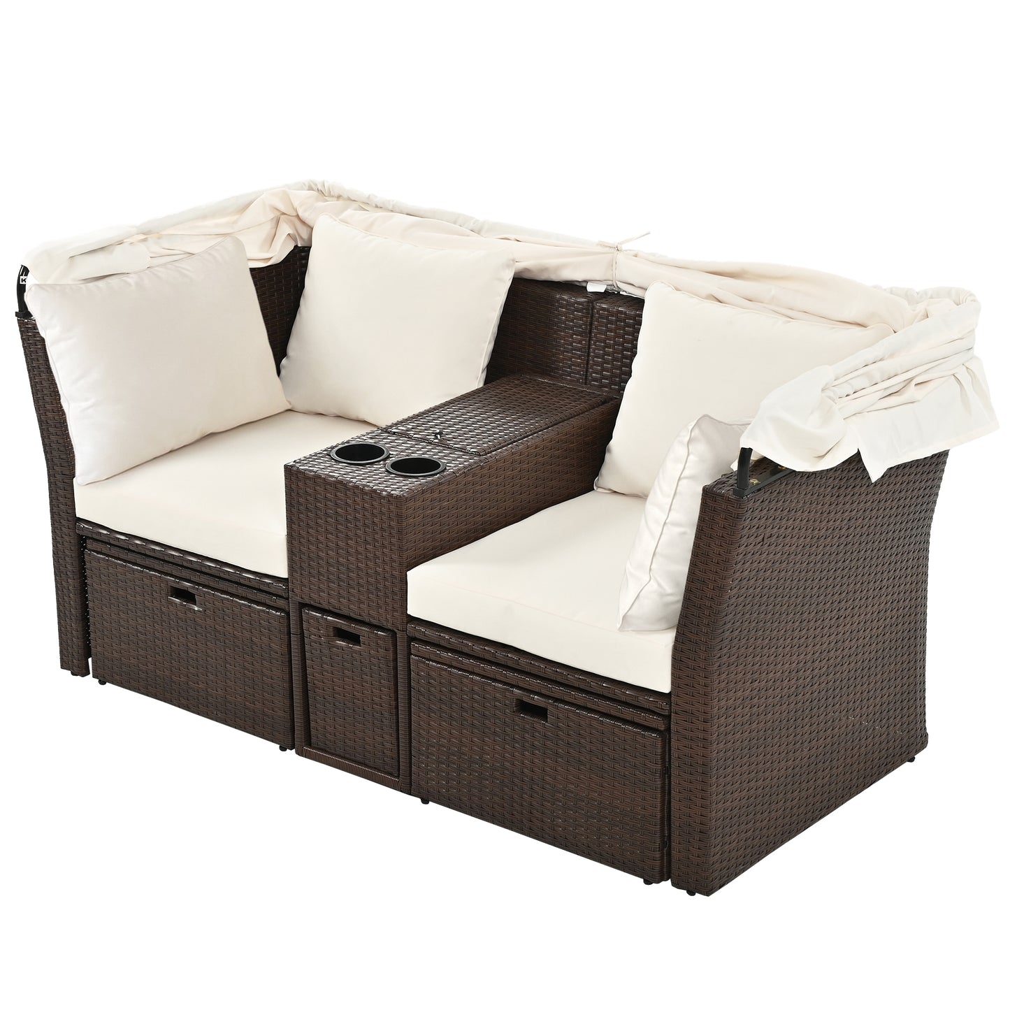 2-Seater Outdoor Patio Daybed Outdoor Double Daybed Outdoor Loveseat Sofa Set with Foldable Awning and Cushions for Garden, Balcony, Poolside, Beige ***(FREE SHIPPING)*** House to Home Furnishings LLC