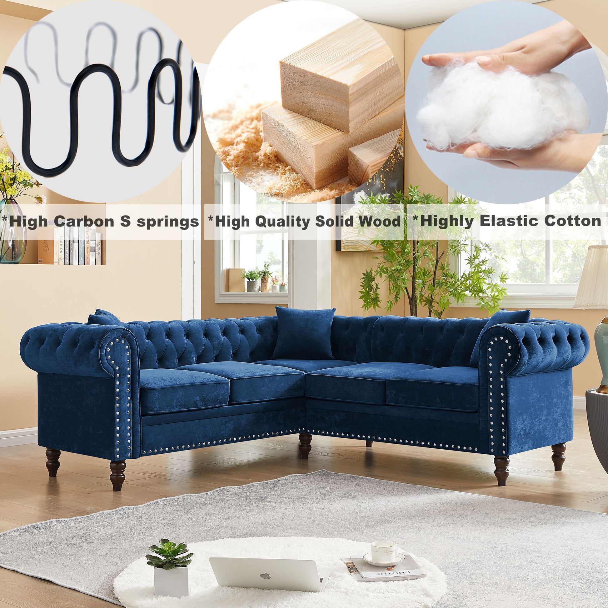 80" Inch Deep Button Tufted Upholstered Roll Arm Luxury Classic Chesterfield L-shaped Sofa 3 Pillows Included, Solid Wood Gourd Legs, Blue Velvet House to Home Furnishings LLC