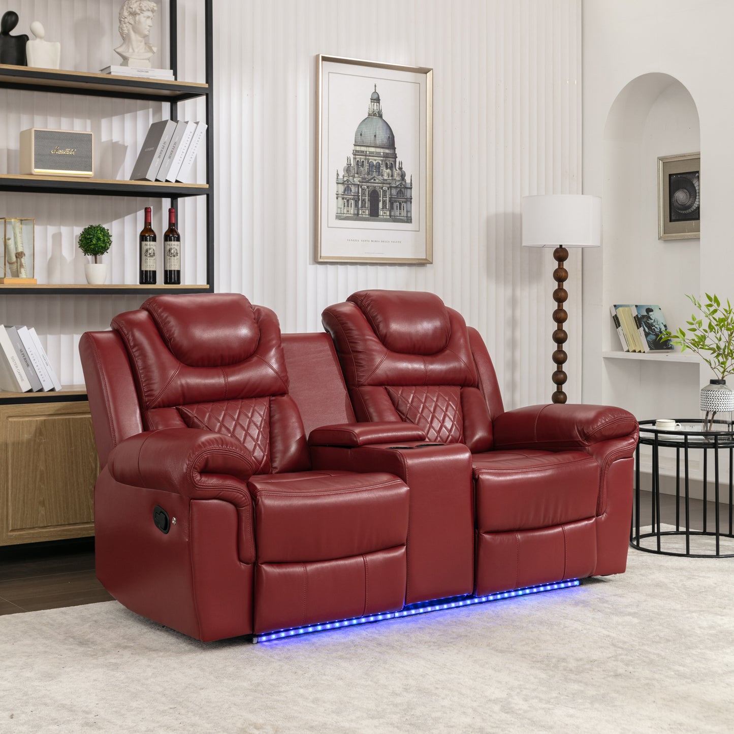 3 Pieces Recliner Sofa Sets Home Theater Seating Manual Recliner Chair with Center Console and LED Light Strip for Living Room, Wind Red House to Home Furnishings LLC