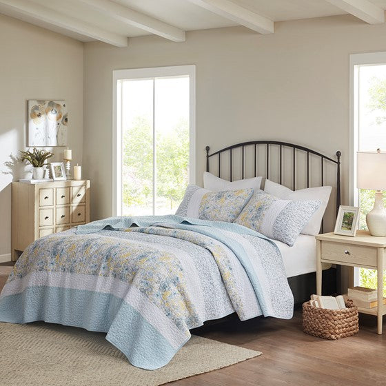 3 Piece Cotton Quilt Set Blue/Yellow Full/Queen Olliix.com