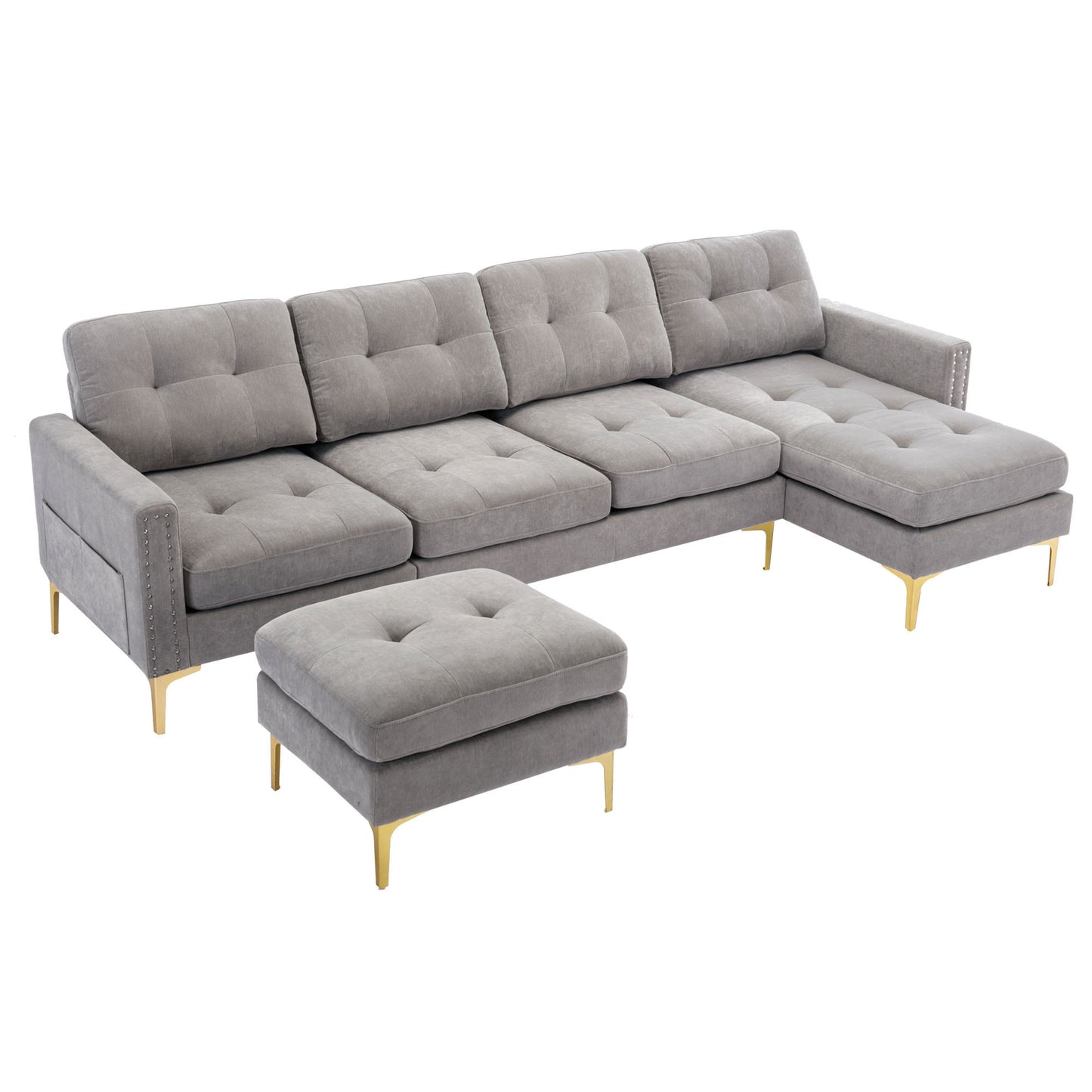 110" L-Shape Convertible Sectional Sofa Couch with Movable Ottoman for Living Room, Apartment, Office, Light Grey House to Home Furnishings LLC