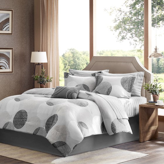 7 Piece Comforter Set with Cotton Bed Sheets Grey Twin Olliix.com