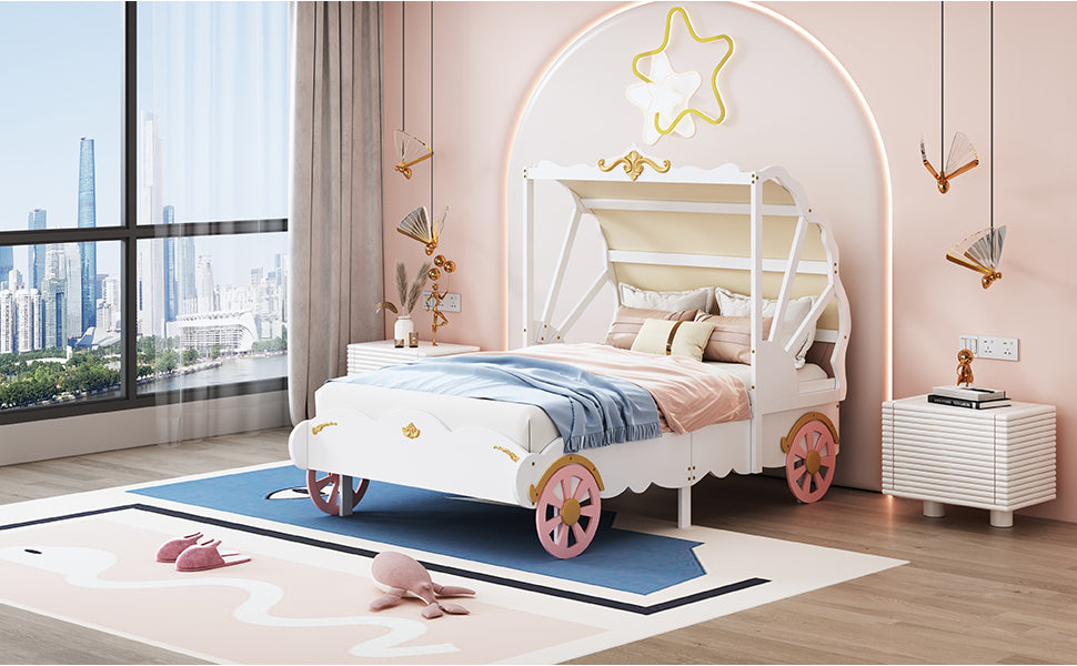 Twin Size Princess Carriage Bed with Canopy, Wood Platform Car Bed with 3D Carving Pattern, White+Pink+Gold House to Home Furnishings LLC