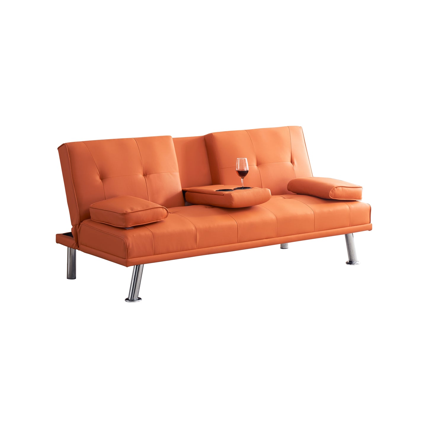 67" Orange Leather Multifunctional Double Folding Sofa Bed for Office with Coffee Table House to Home Furnishings LLC