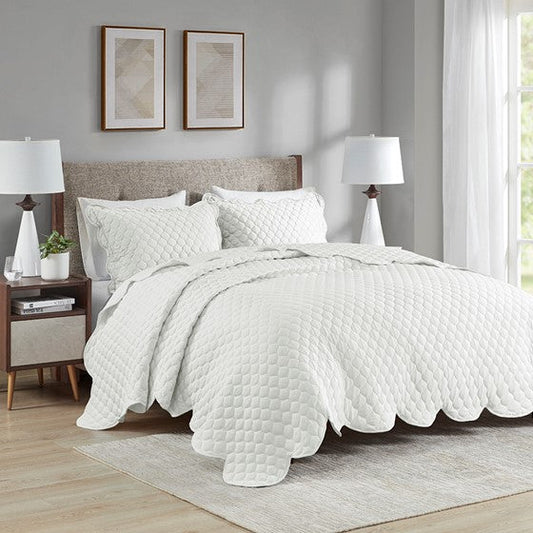 3 Piece Scalloped Edge Crinkle Microfiber Quilt Set Ivory Full/Queen Olliix.com