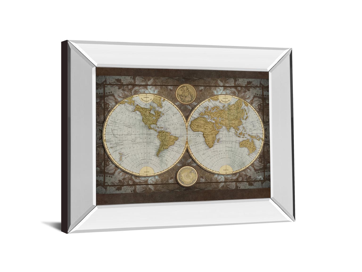 World Map By Elizabeth Medley - Mirror Framed Print Wall Art - Blue Classy Art