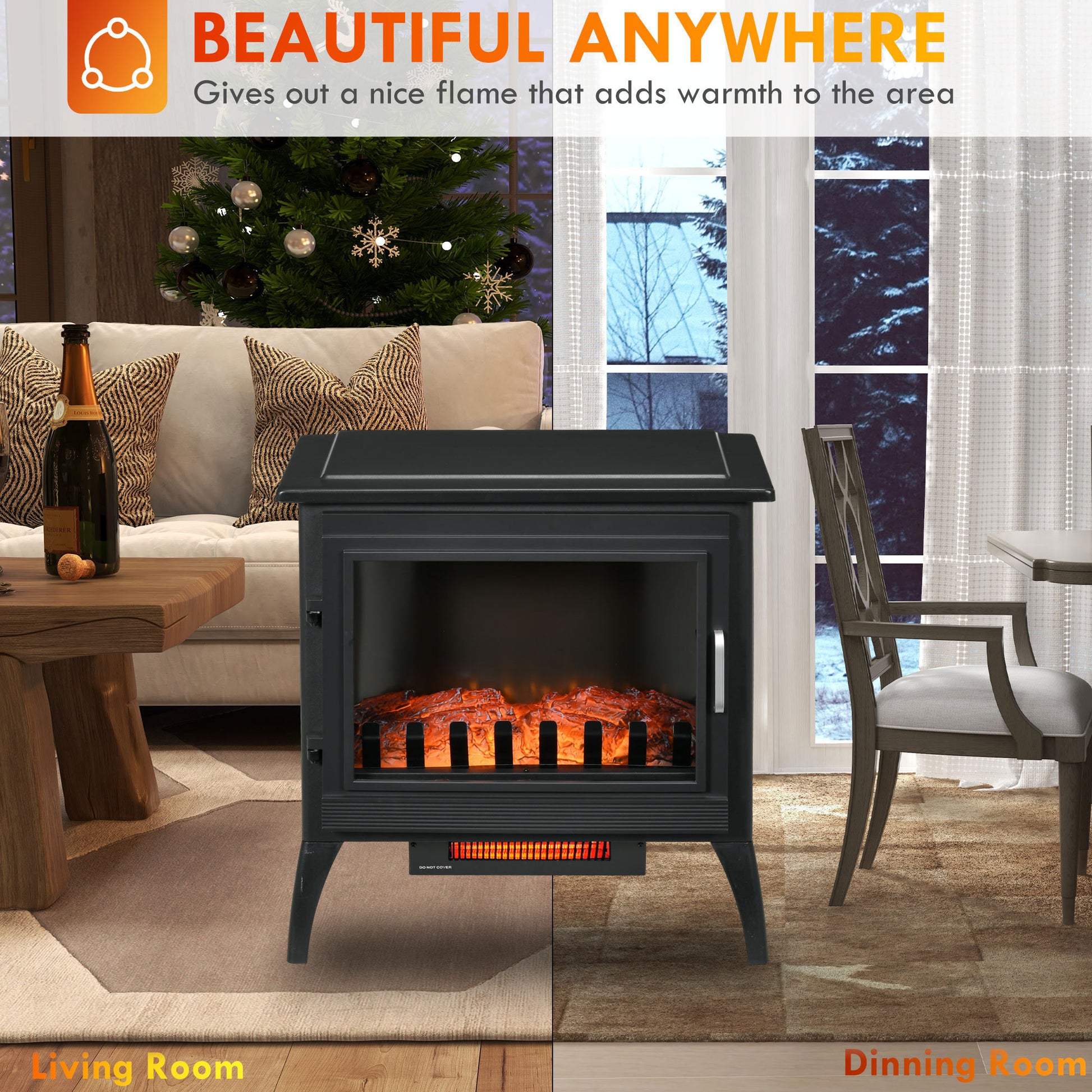 24" Electric Fireplace Stove, Freestanding Infrared Fire Place Heater with Realistic Logs Flame, Adjustable Temperature, Overheat Protection, 1000W/1500W, Black House to Home Furnishings LLC