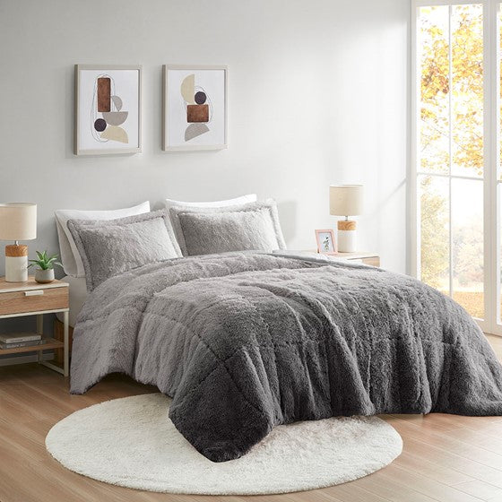 Ombre Shaggy Long Fur Comforter Mini Set Grey Twin XL Olliix.com