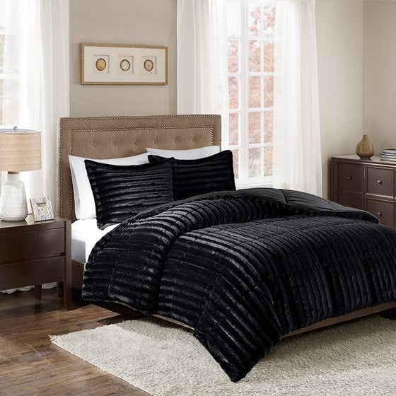 Faux Fur Comforter Mini Set Black Cal King Olliix.com