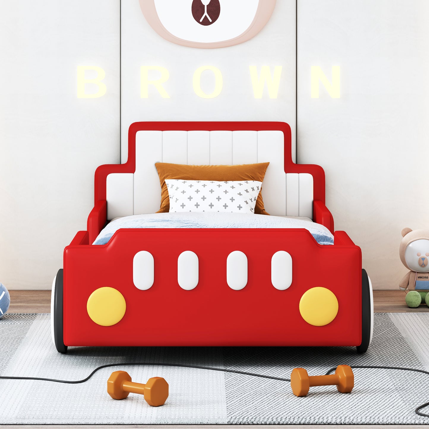 Twin Size Race Car-Shaped Platform Bed with Wheels,Red House to Home Furnishings LLC